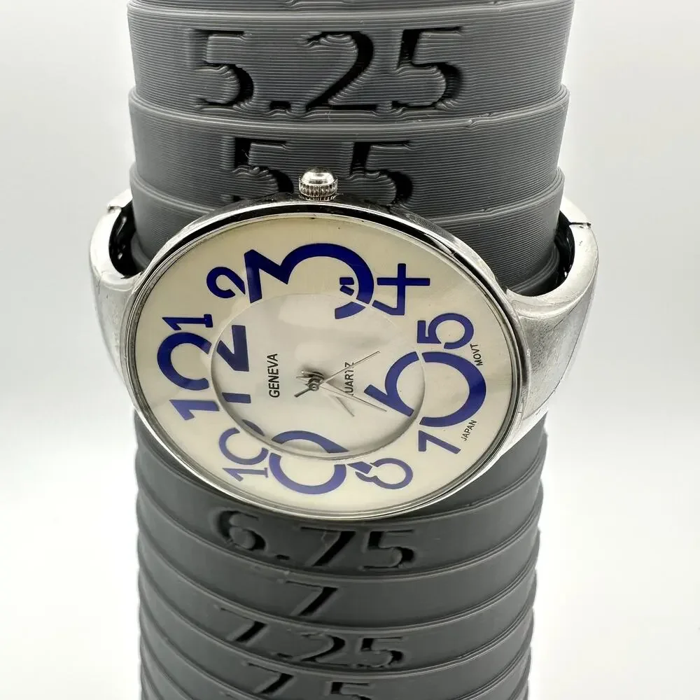 Geneva Quartz Cuff Watch Silver Tone Cream Dial Blue Numerals